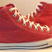 2017 Red Stonewashed High Top Chucks  Outside views of 2017 red stonewashed canvas high tops.